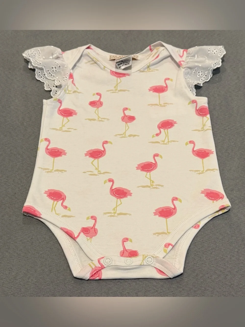 Baby Girls White Onesie with Pink Flamingo Print and Eyelet Sleeves